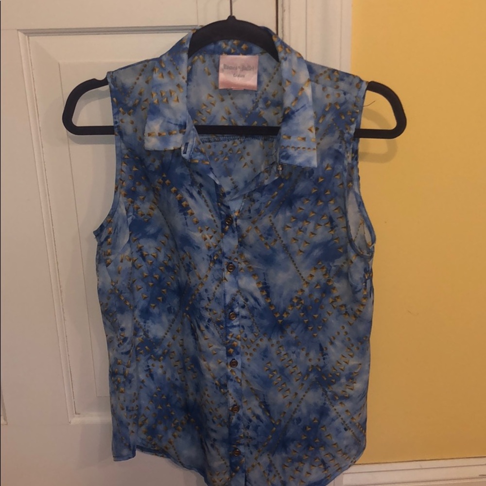 Blue & gold intricate design tank top blouse - M